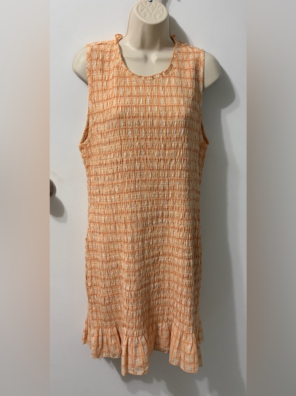 American Eagle Outfitters Peach-Cream Sleeveless Smocked Midi Dress